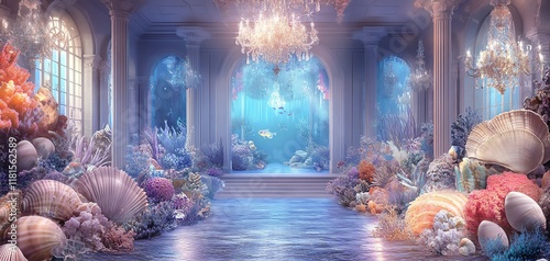 Enchanted underwater palace scene.  Magical ocean ballroom with coral, seashells, and elegant chandeliers.  Perfect for fantasy or fairytale themes.