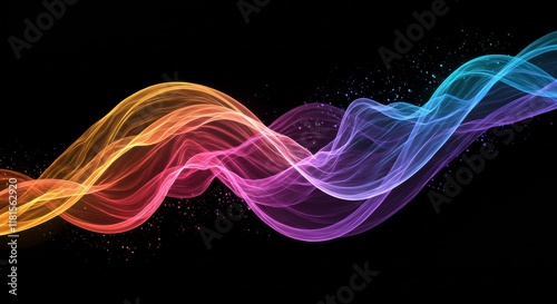 Abstract Wave of Color: An abstract wave of vibrant color dances across a black background, creating a mesmerizing visual symphony of movement and light. Each wave is a delicate stroke of color.
