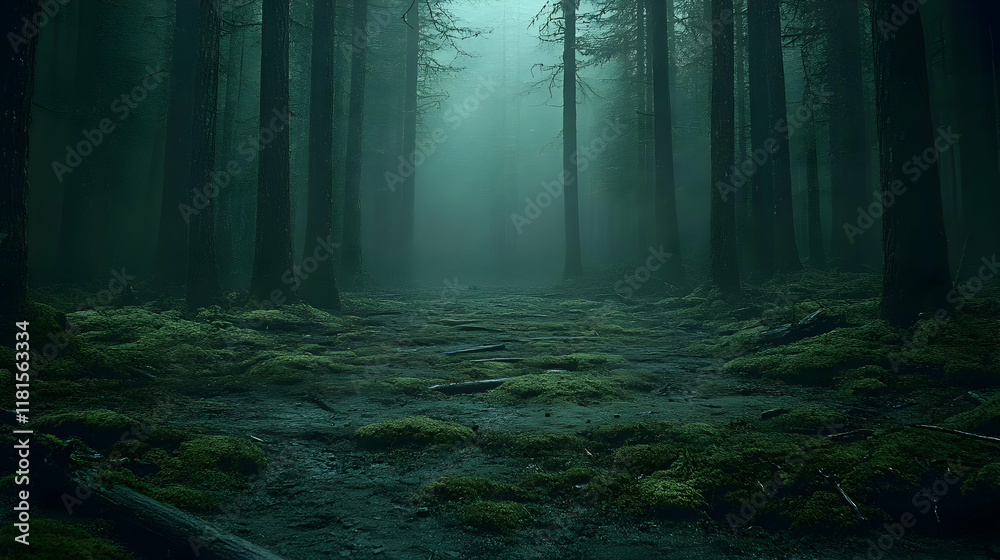 Obraz premium Misty Forest Path Winds Through Mossy Terrain Deep in Woods