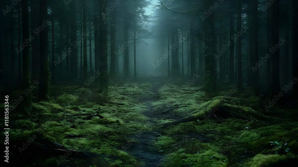 Fototapeta premium Misty Forest Path Winds Through Mossy Woods Quietly at Dawn