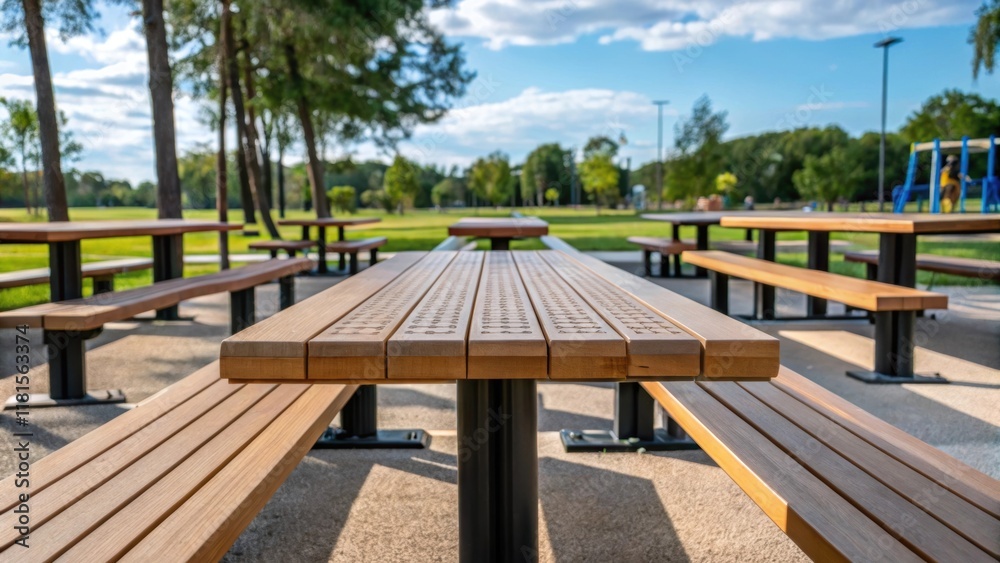 Closeup of a picnic zone made from modular benches and tables arranged to create inviting communal spaces. The smooth surfaces complemented by playful patterns etched into the wood Closeup of a picnic zone made from modular benches and tables arranged to create inviting communal spaces. The smooth surfaces complemented by playful patterns etched into the wood