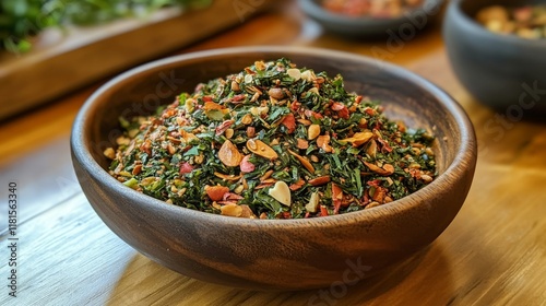 Colorful Herb and Spice Blend in Wooden Bowl photo