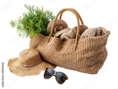 Woven beach tote bag with straw hat, sunglasses, and green plant for summer vacation, travel, or outdoor style accessory isolated on transparent background photo