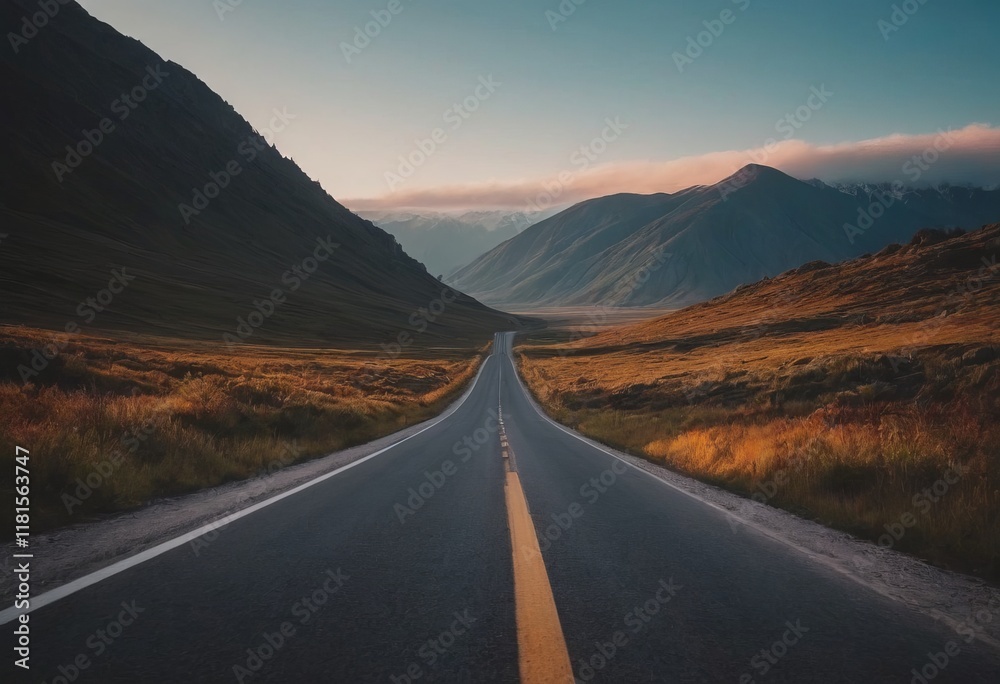 Fototapeta premium empty road picturesque mountain landscape, realistic illustration
