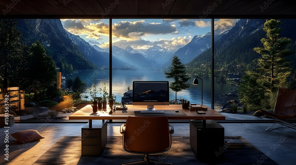 Fototapeta premium Home Office Overlooks Tranquil Lake and Majestic Mountains at Sunset