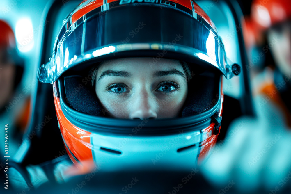 A focused female driver in a racing helmet, ready for action, showcasing determination and skill in the competitive world of motorsports. A focused female driver in a racing helmet, ready for action, showcasing determination and skill in the competitive world of motorsports.