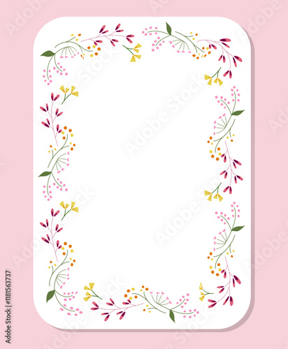 Floral frame with summer meadow wildflowers, grass, leaves. Botanical border  For wedding invitation, birthday and Mothers Day card
