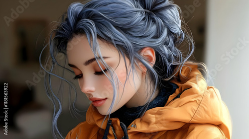 Girl with Blue Hair Wears a...