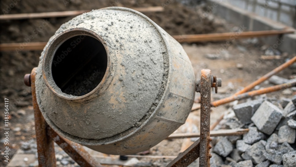 Closeup on a single concrete mixer its textured metal surface caked with dried mud and speckles of cement dust. The mixers intake spout is partially open revealing a mix of gray Closeup on a single concrete mixer its textured metal surface caked with dried mud and speckles of cement dust. The mixers intake spout is partially open revealing a mix of gray