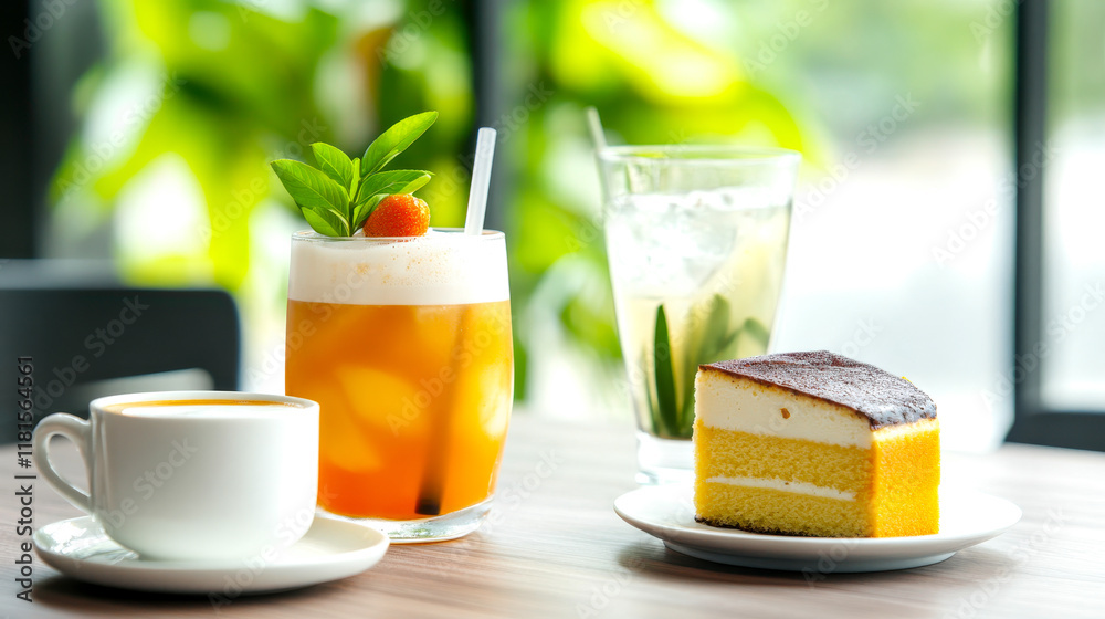 Fototapeta premium A vibrant scene featuring a coffee cup, colorful drinks, and a slice of cake, perfect for a refreshing afternoon treat.