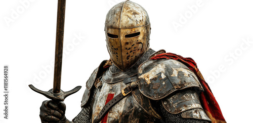 Knight in full armor holding a lance ready for battle in a historical reenactment setting. Isolated on transparent background, png. photo