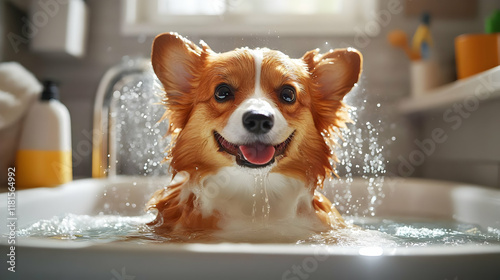 Happy Dog Enjoys Bath Time:...