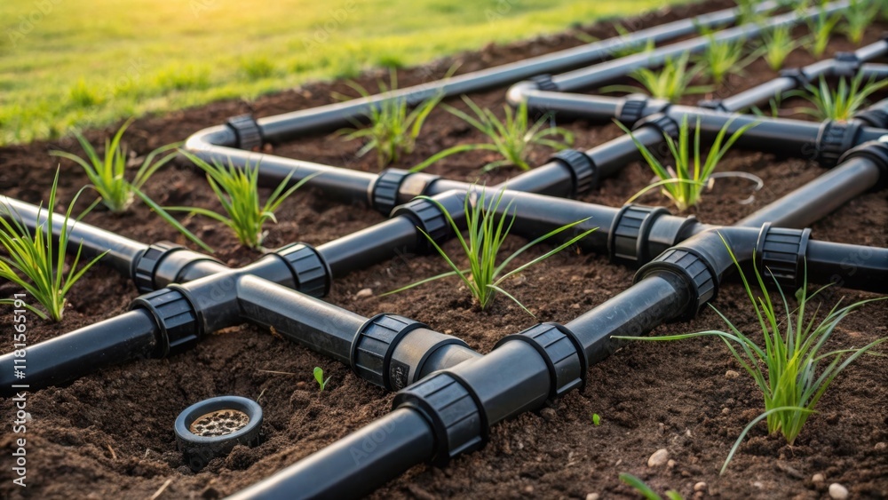 Naklejka premium In a controlled chaos of landscape design a of interconnected irrigation pipes emerges from a patch of rich dark soil each joint and connector meticulously arranged. Sprouts of