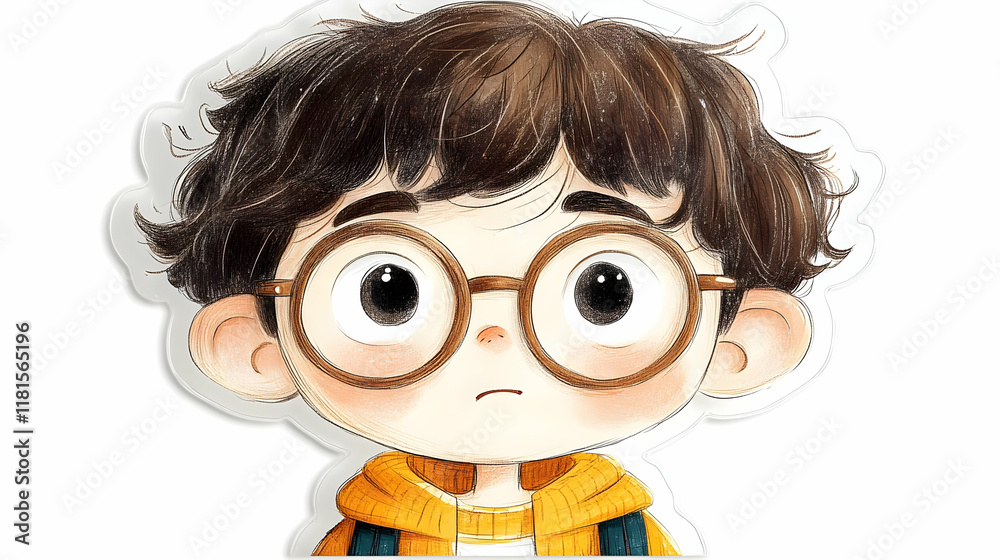 Fototapeta premium Curious Boy with Glasses Wonders: Childhood, Curiosity, and Growing Up