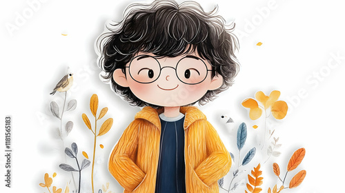 Cute Cartoon Boy Wears Glas...