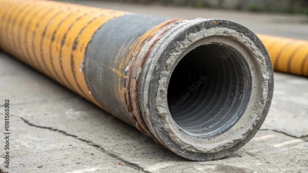 In this closeup a concrete pump hose is partially uncoiled revealing its internal structure. The smooth inner lining contrasts with the exteriors ruggedness while patches of gray In this closeup a concrete pump hose is partially uncoiled revealing its internal structure. The smooth inner lining contrasts with the exteriors ruggedness while patches of gray