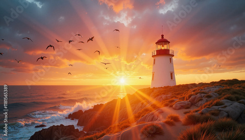 Sunrise behind lighthouse Copy space  Lighthouse at sunrise with birds and glowing sun rays