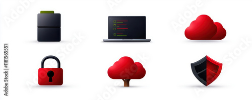 Modern icons representing cloud computing, security, and digital storage solutions. photo