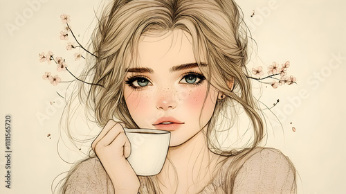 Woman Drinks Tea, Cozy Morn...