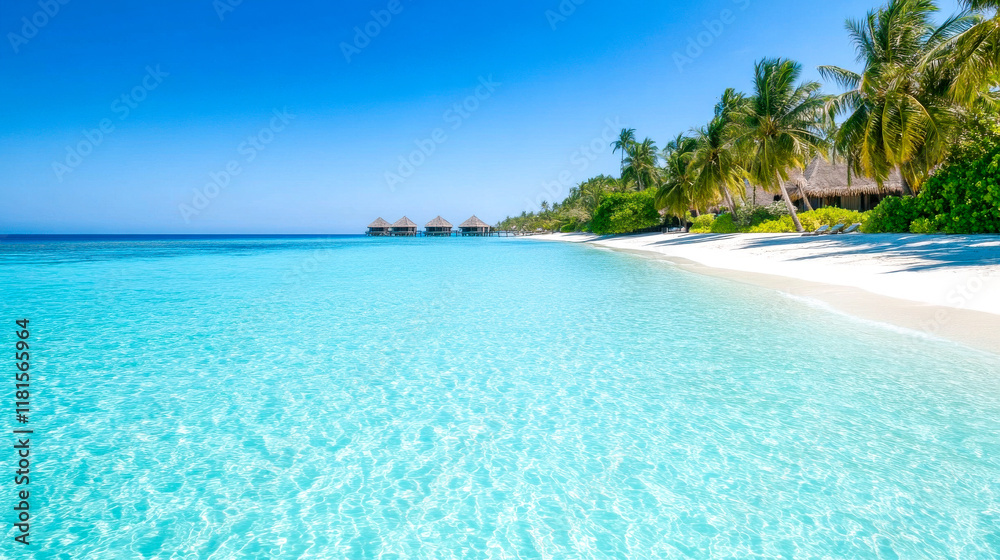 Naklejka premium A serene beach scene with clear turquoise water, white sand, and lush palm trees under a bright blue sky.