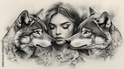 Wolves Guard Woman with Flo...
