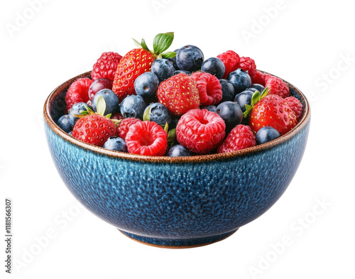 Fresh mixed berries in ceramic bowl, vibrant strawberries, blueberries, and raspberries, healthy organic fruit selection for desserts or breakfast isolated on transparent background