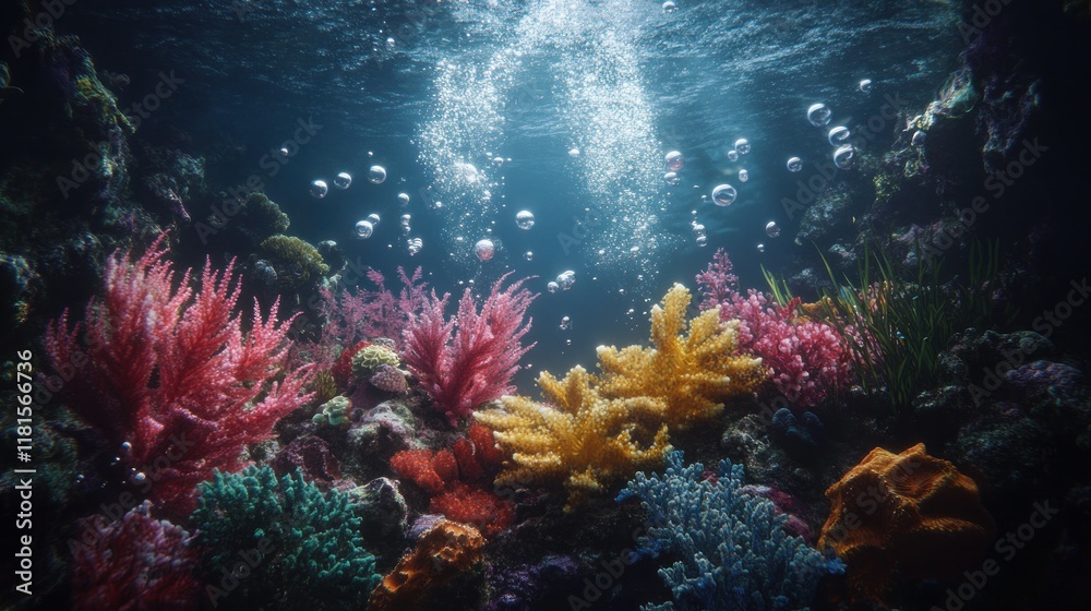 Naklejka premium Vibrant coral reef underwater scene, bubbles rising, sunlit surface, aquarium background