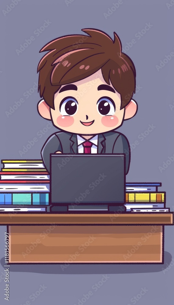 A cartoon businessman in a suit smiles while working on his laptop at his desk surrounded by stacks of books. A cartoon businessman in a suit smiles while working on his laptop at his desk surrounded by stacks of books.