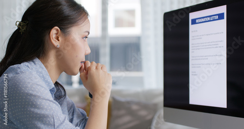 Great resignation Good talent leave toxic workplace office finding new career. Young adult asia woman staff sad burnout stress tired bored sitting at desk remote work at home workforce crisis issue.