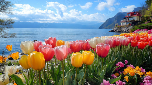 Tulips Bloom by the Lake wi...