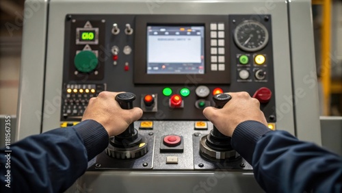 The operators hands grasp the intricate controls of the machine showcasing a blend of technology and skill. The interface is surrounded by a series of warning lights and gauges photo