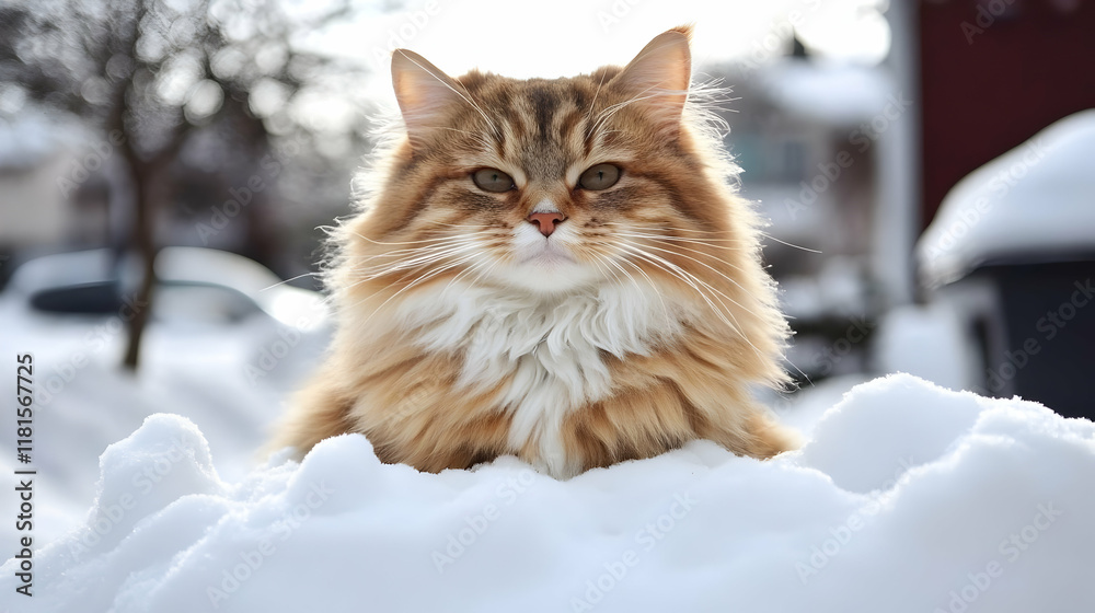 Fluffy Cat Sits Calmly in Snowdrift During Winter Fluffy Cat Sits Calmly in Snowdrift During Winter
