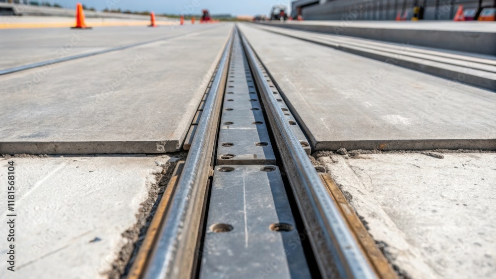 This closeup photograph zeroes in on the detailed craftsmanship of the expansion joints connection points where heavyduty metal plates meet the concrete deck. The image captures This closeup photograph zeroes in on the detailed craftsmanship of the expansion joints connection points where heavyduty metal plates meet the concrete deck. The image captures