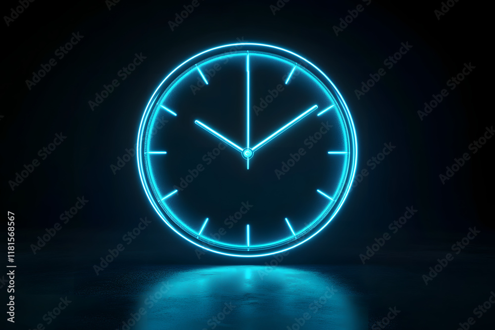 Abstract blue glowing neon clock on a dark background with a reflection and space for text. Abstract blue glowing neon clock on a dark background with a reflection and space for text.