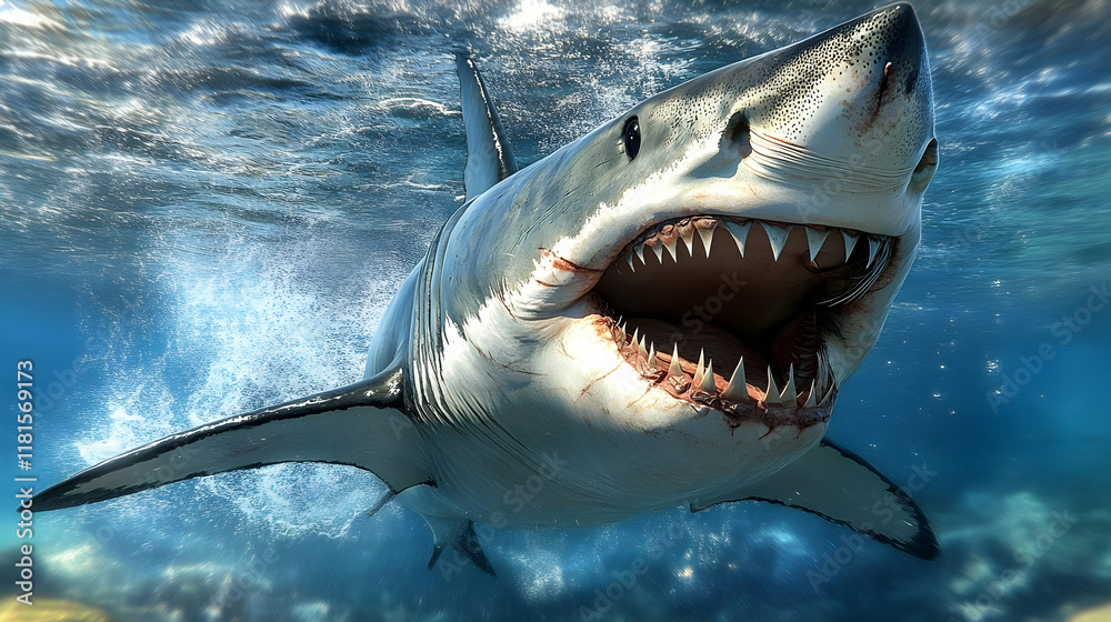 Obraz premium Great White Shark Hunts in Deep Blue Ocean Waters Aggressively