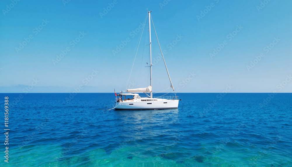 Sailboat anchored in bay Sailboat floating on calm turquoise sea Sailboat anchored in bay Sailboat floating on calm turquoise sea