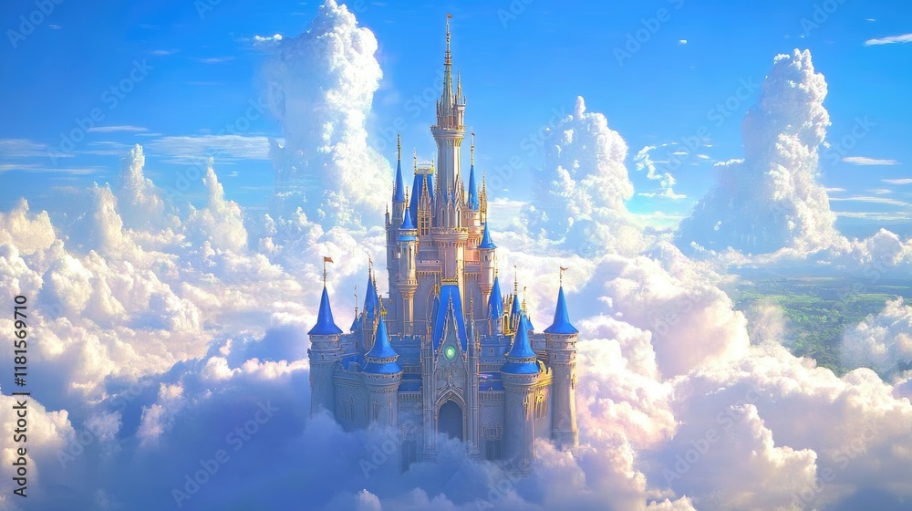 Naklejka premium A majestic fantasy castle floating on clouds, featuring towering spires and turrets surrounded by a vibrant blue sky and lush greenery below