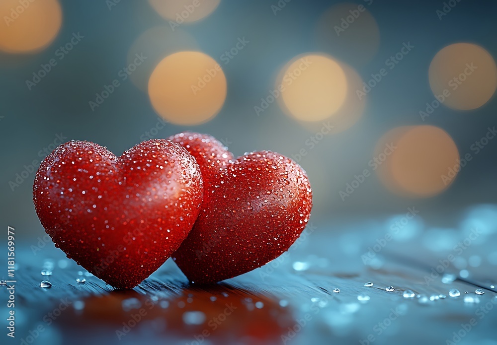 Fototapeta premium Two Red Hearts on a Table on Blurry Background for Valentine Day