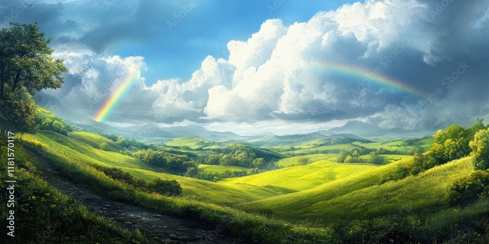 Fototapeta premium Irish Countryside with Rainbow and Pot of Gold – St. Patrick's Day Theme