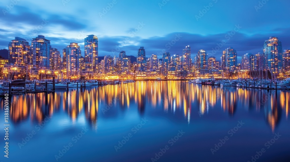 Fototapeta premium A metropolitan skyline glowing with life, its vibrant lights reflecting in a calm harbor at blue hour