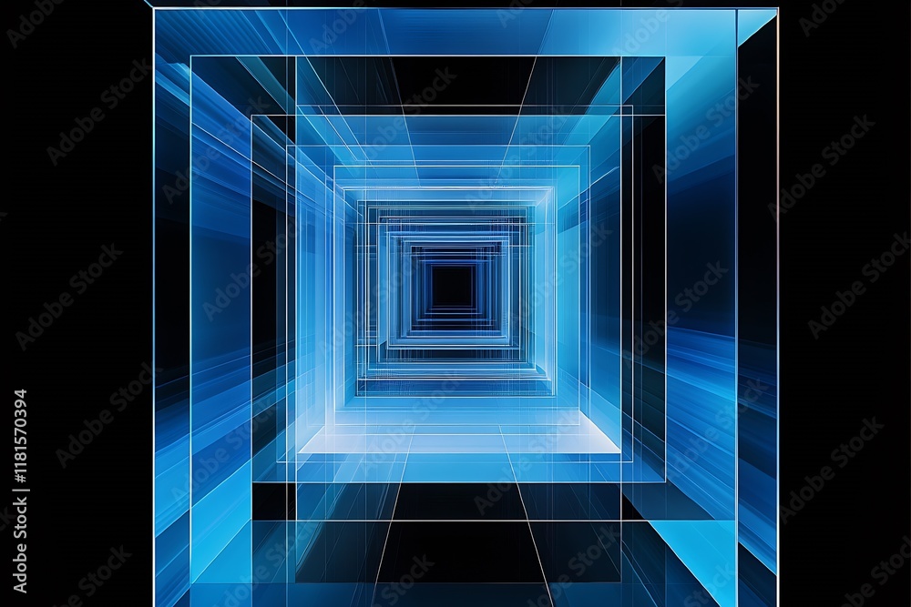 Obraz premium Futuristic Abstract Blue Tunnel with Geometric Patterns and a Sense of Depth and Spatial Infinity : Generative AI
