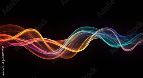 Abstract Colorful Waves:  A mesmerizing digital art piece featuring vibrant, flowing waves of light in shades of orange, pink, teal, and purple, set against a stark black background.