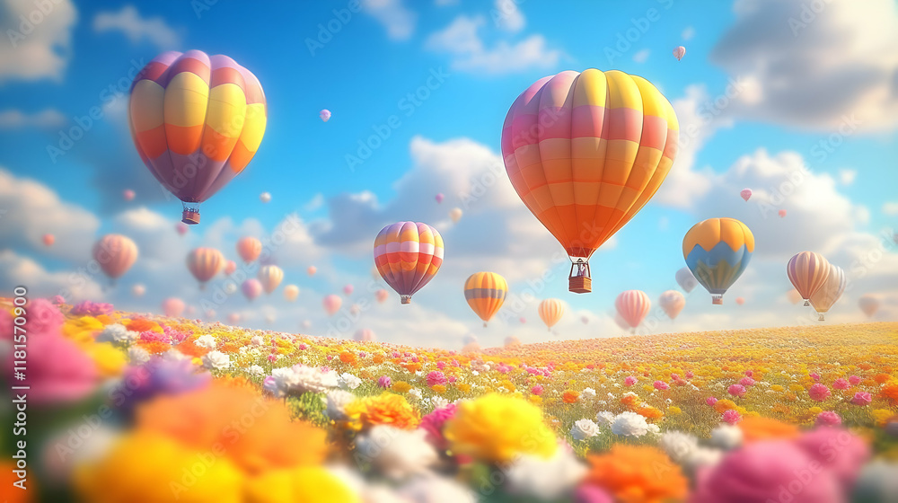 Obraz premium Hot Air Balloons Soar Above a Vibrant Flower Field