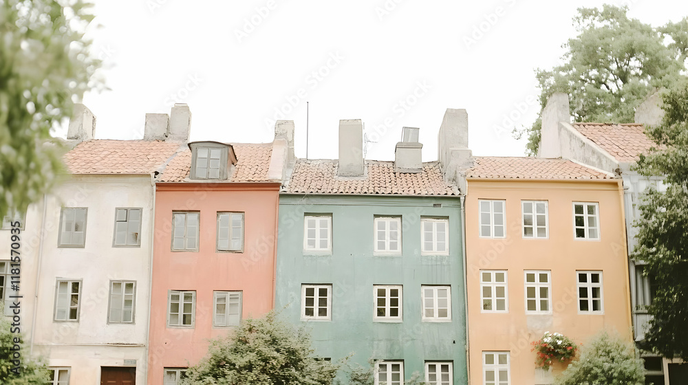 Fototapeta premium Colorful Houses Stand Tall with European Charm and Architectural Detail