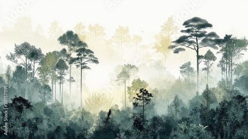 A misty forest with visible layers of flora and fauna, highlighting the complexity of ecosystems