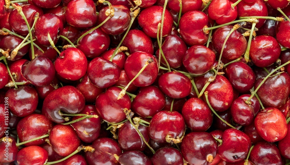 A vibrant and close-up image showcasing a pile of fresh, juicy red cherries with stems. Perfect for illustrating concepts of summer, harvest, and healthy eating with bold, natural colors, texture, bac A vibrant and close-up image showcasing a pile of fresh, juicy red cherries with stems. Perfect for illustrating concepts of summer, harvest, and healthy eating with bold, natural colors, texture, bac