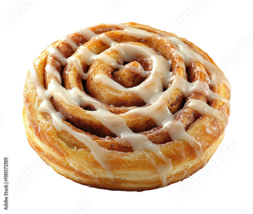 Sweet cinnamon roll pastry with drizzled icing, freshly baked golden brown dessert spiral, perfect for bakery display, breakfast, or brunch isolated on transparent background photo