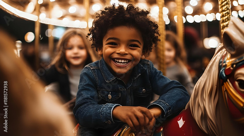 Child Smiles on Carousel Ri...