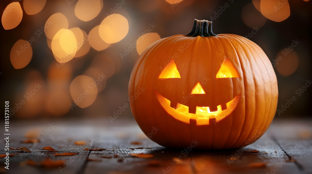 Fototapeta premium Glowing Pumpkin Decorates with Autumn Leaves and Lights