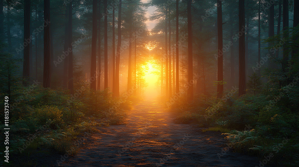 Fototapeta premium Sunlit Forest Path at Sunset with Fog